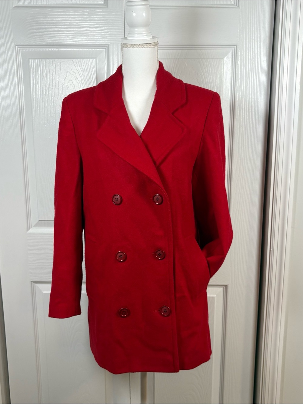Vintage 90s Red 100% Wool Double Breasted Coat Sz 8 Preppy Tailored